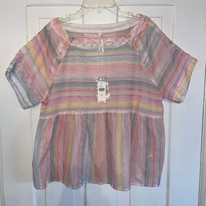 Anthropologie Letty Neon Embroidered Babydoll Stitched Peplum Top- NWT